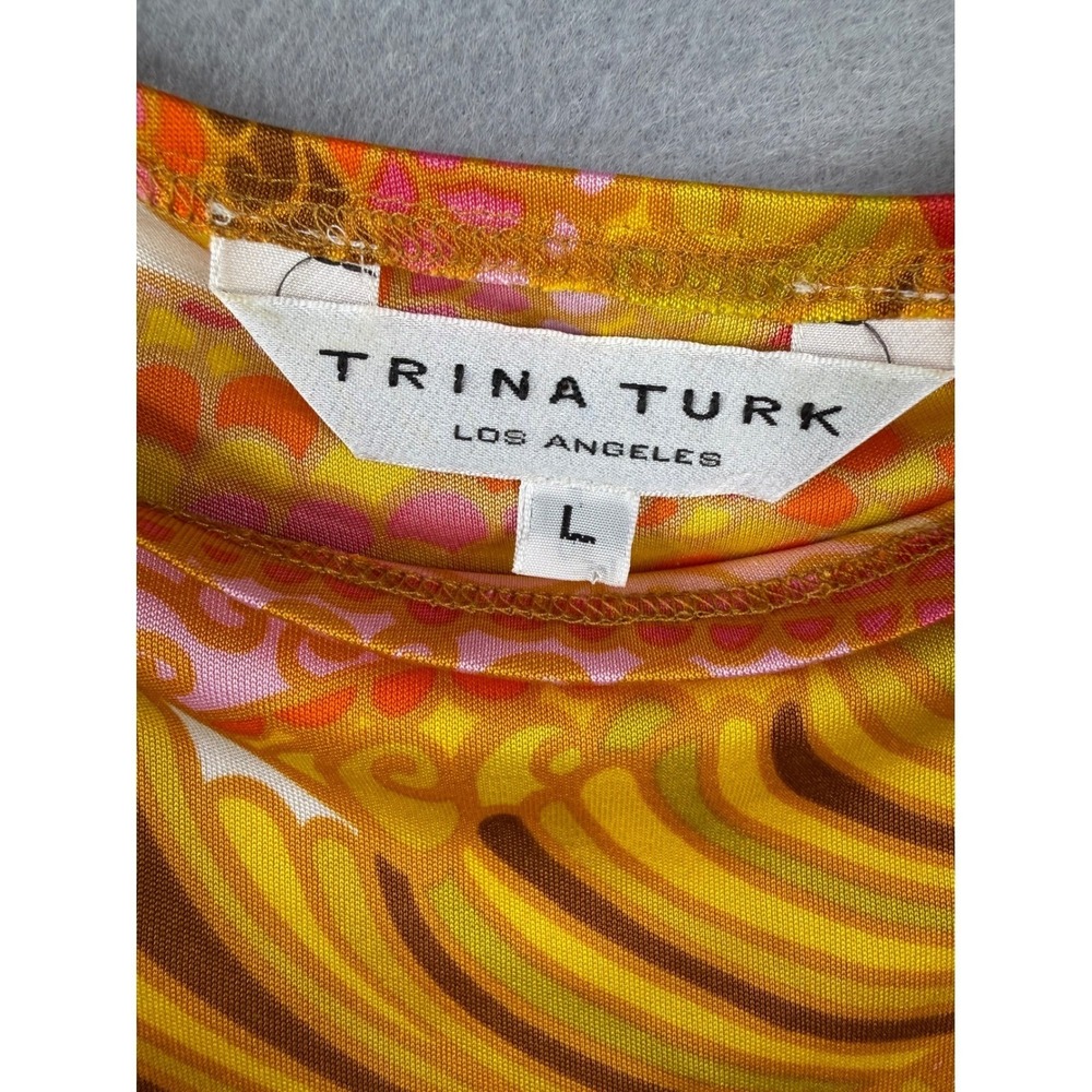 Trina Turk Silk Blouson Top Women L Bold Psychedelic Retro Cap Sleeve Luxury Mod - Picture 2 of 5
